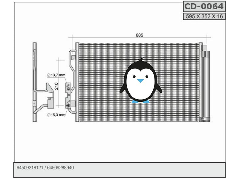 BMW condenser BSG 15-525 014, BSG15525014, CF20148, DCN05033, 8121700, DCC1576, DCT1048, COC008N, 0802.2036, 08022036, 260725, 8FC 351 316-584, 8FC351316584, M-7050790, M7050790,0086305434, RC-0174, RC0174, AC 652 0005, AC6520005, AC896801, 940236, 35970, 7110743, 10-45235-SX, 1045235SX, KTT110237, 814189, 814191, 06005434, V20-62-1030, V20621030, 8880400527, 4270545, 64504270545, 9218121, 9288940
