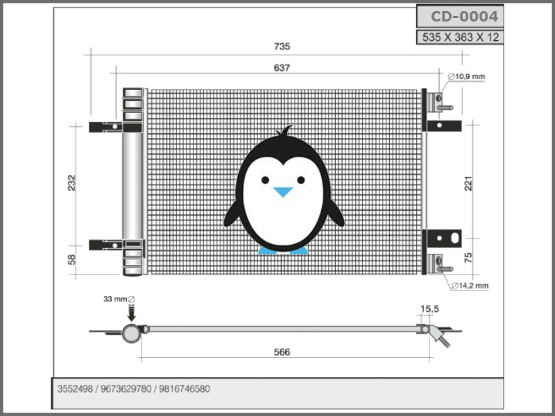 Condenser Citroen Peugeot 9816746580, 9673629780, 3552498, 940458, 107498, 9015702, 8FC351345121, CF20296, 8033034, CN5311D, 062025N, M7210460, 350323 , 43594, 16-9632