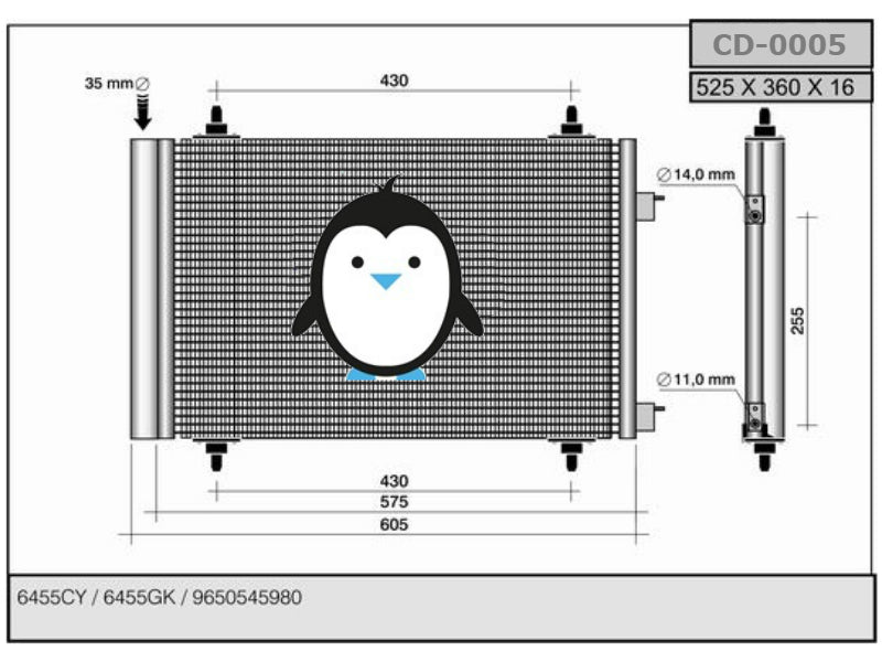 Condenser Peugeot/Citroen 9650545980, 9650631680, 6455CY, 6455GK, E163364, 43195, 53485, 94758, 169919, 818170, 8033022, 9005230, 8880400369, 062008N, 704CD00622, 707M56, 8FC351317571, 8FC351317574, CN5230, CN5230D, CNA5230, CNA5230D, DCN07019, PEUGA250, TSP0225549
