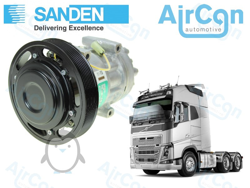 Volvo FH12, FH16, FM10 AC compressor 8500458 85000458, 7482704531, 82704531, 84094705, 85013654, 40405292, 20587125 1201620, 20587125, Sanden SD7H15-4134, SD7H15-4324, SD7H15-4591, SD7H15-6193, SD7H15-6195, SD7H154134, SD7H154324, SD7H154591, SD7H156193, SD7H156195, SD7H154134, SCU4324, SCU4591, SCU6193, SCU6195