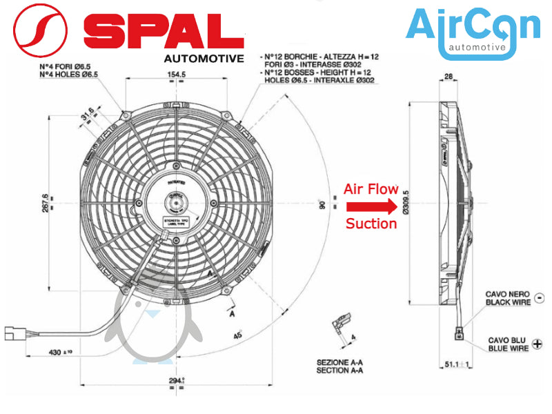 280mm 12V Spal blowing fan Spal VA09-AP12C-54A, VA09AP12C54A, VA09-AP12_C-54A, VA09AP12C54A Webasto Diava Dometic Waeco Coldchain Autoclima Thermoking Carrier 30315263, 3010.0411
