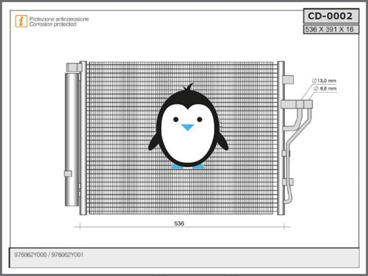 Air conditioning condenser Hyundai ﻿HY5280, 940353, 82005280, 08283039, 107111, 562034N HY5280D, DCN41004, 754M44, M7540440, 814494 976062Y000, 976062Y001, 35999, 43700, 16-1426 Kondenser